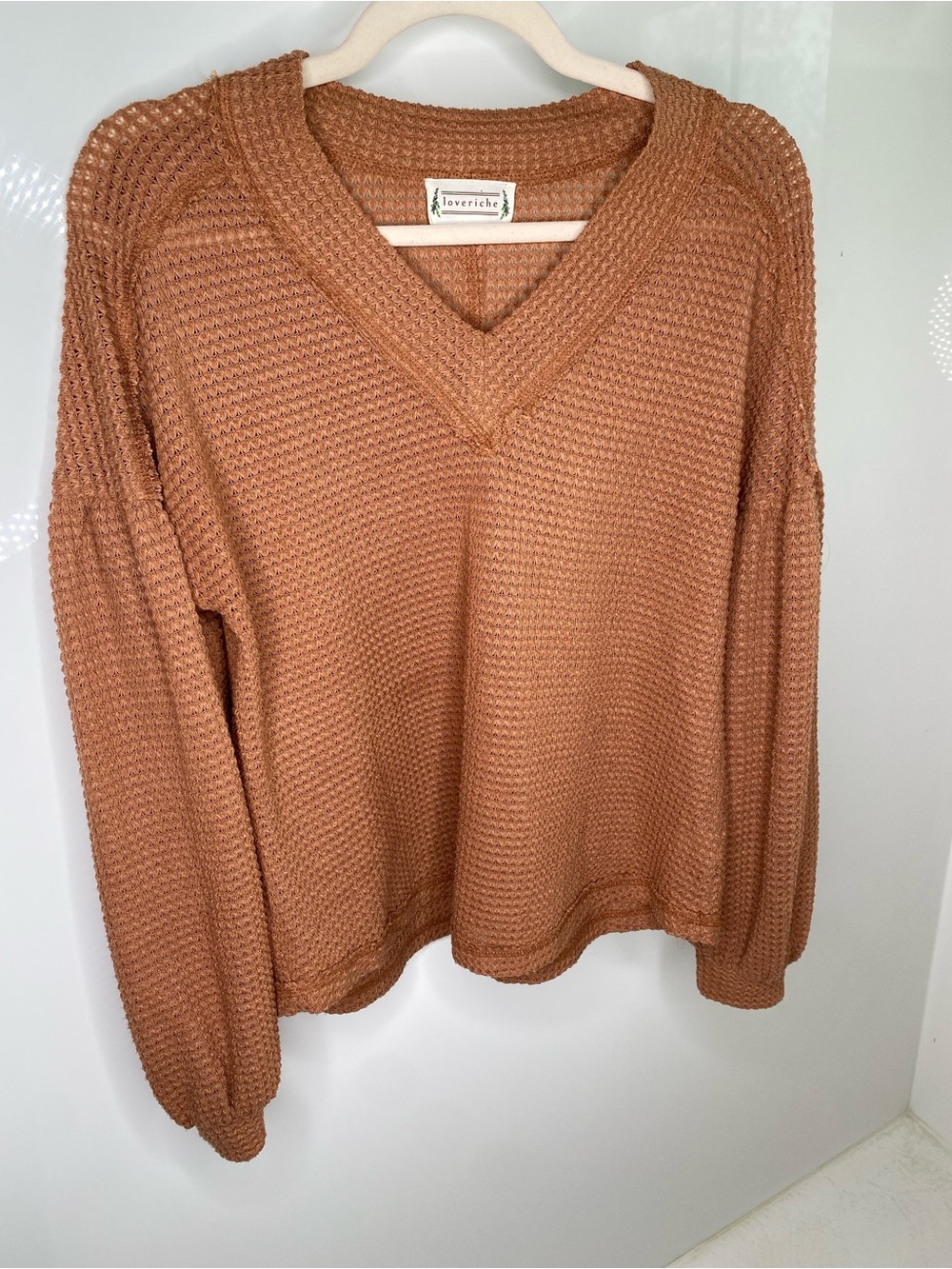 Love Riche V-Neck Waffle Knit Sweater - Copper Brown